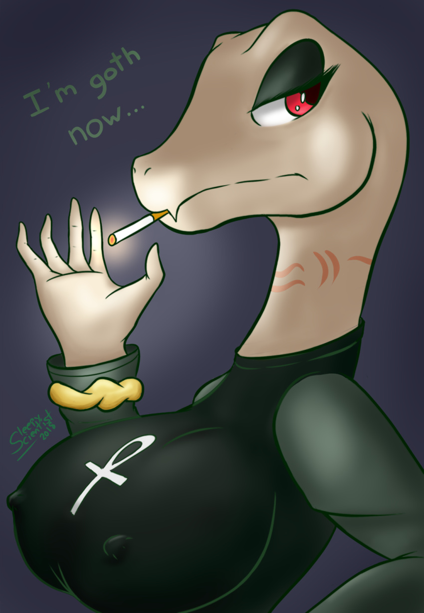 2018 5_fingers alternate_costume ankh anthro bangle bea_santello big_breasts big_eyes biped black_clothing black_eyeshadow black_shirt black_topwear breasts bust_portrait cigarette clothing clothing_swap crusch_lulu cute_fangs dated dialogue digital_drawing_(artwork) digital_media_(artwork) english_text eyelashes eyeshadow female fingers goth green_text hi_res huge_breasts humanoid_hands jewelry light lighting lizardman_(overlord) long_neck looking_aside makeup neck_tattoo night_in_the_woods nipple_outline non-mammal_breasts overlord_(series) pink_tattoo portrait purple_background red_eyes reptile scalie shaded shirt side_view signature simple_background sleepyscientist smoking smoking_cigarette snout soft_shading solo tattoo text topwear tribal tribal_tattoo video_games white_body