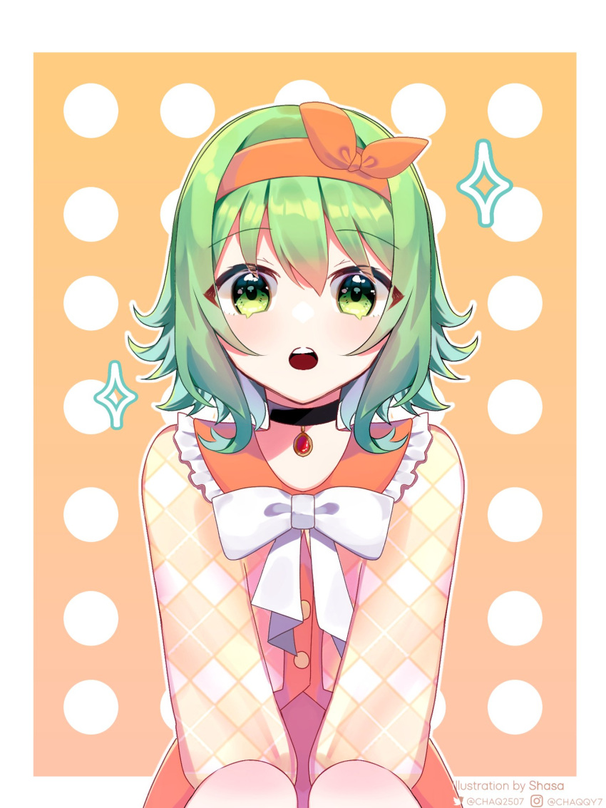 1girl :o a.i._voice artist_name bangs black_choker bow bow_headband choker commentary english_commentary english_text eyelashes_visible_through_hair flipped_hair green_eyes green_hair gumi hair_between_eyes headband highres instagram_logo instagram_username jewelry long_sleeves looking_at_viewer medium_hair orange_background orange_headband orange_shirt orange_skirt orange_theme pendant pendant_choker polka_dot polka_dot_background shasa_-_lagi_ngomis shirt skirt solo teeth twitter_logo twitter_username upper_body upper_teeth vocaloid white_bow