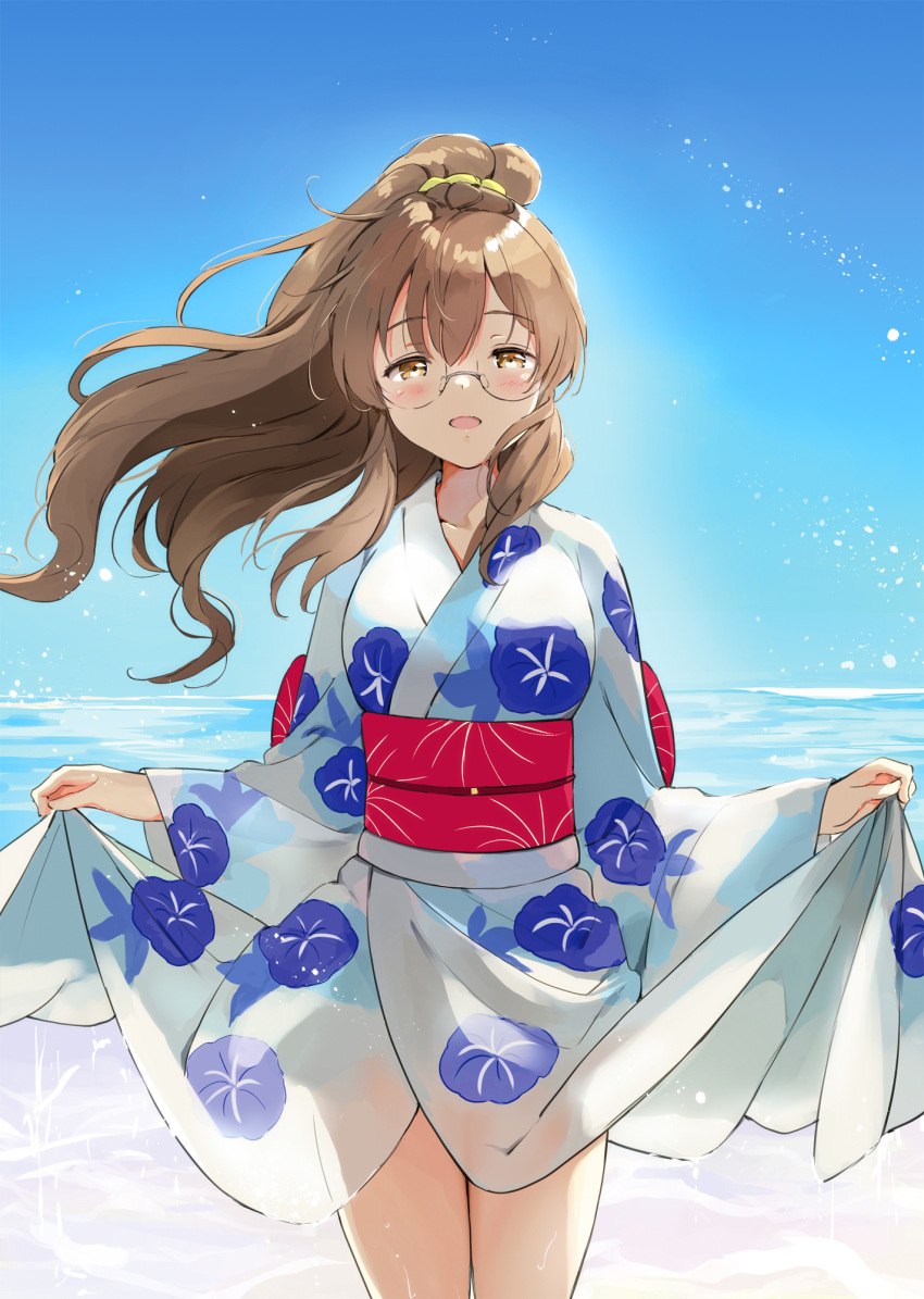 1girl :d akina_tsukako blue_sky blush brown_eyes brown_hair clothes_lift cover_image floating_hair floral_print futaba_rio glasses hair_ornament hair_scrunchie highres japanese_clothes kimono kimono_lift lifted_by_self long_hair looking_at_viewer obi official_art ponytail sash scrunchie see-through seishun_buta_yarou sky smile solo standing water yellow_scrunchie yukata yukata_lift