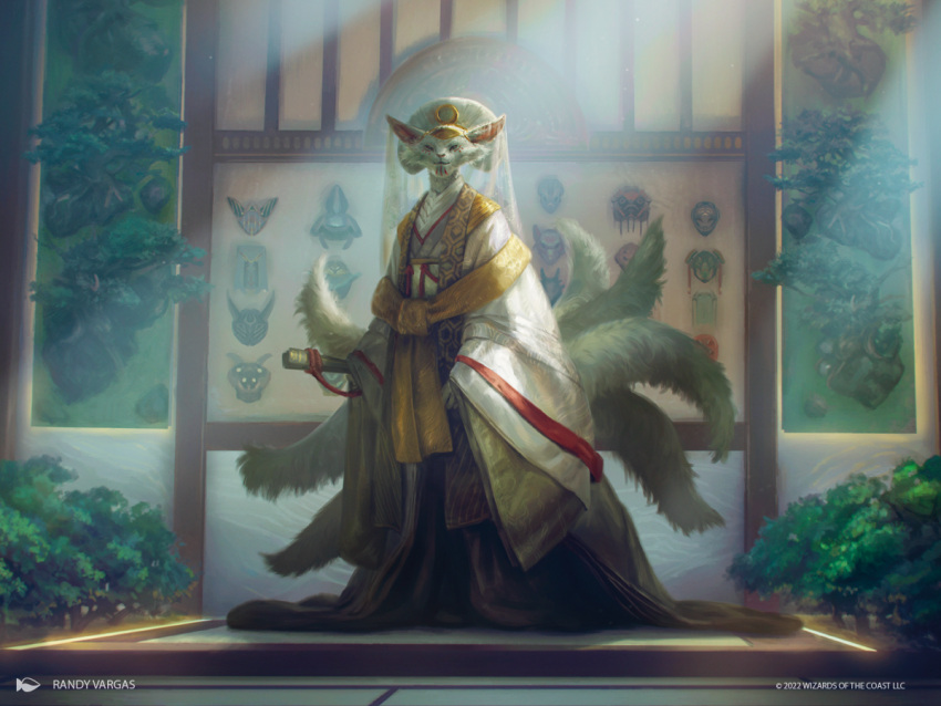 2022 4:3 anthro asian_mythology biped canid canine clothed clothing detailed_background digital_drawing_(artwork) digital_media_(artwork) east_asian_mythology english_text female fox fur hasbro japanese_mythology light_paws_emperor's_voice looking_at_viewer magic:_the_gathering mammal multi_tail mythology official_art randy_vargas solo standing text wizards_of_the_coast