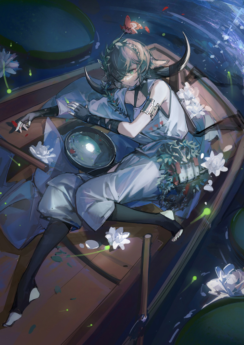 1girl absurdres animal_ears arknights armlet artist_name bare_shoulders black_gloves black_thighhighs boat brown_hair cow_ears cow_girl cow_horns elbow_gloves eyes_visible_through_hair flower from_above full_body gloves green_eyes hair_flower hair_ornament hair_over_one_eye highres horns lily_pad looking_away lying neriash night official_alternate_costume on_side outdoors pallas_(arknights) pallas_(heritage)_(arknights) parted_lips petals red_flower short_hair solo stirrup_legwear thighhighs toeless_legwear tunic water watercraft white_flower