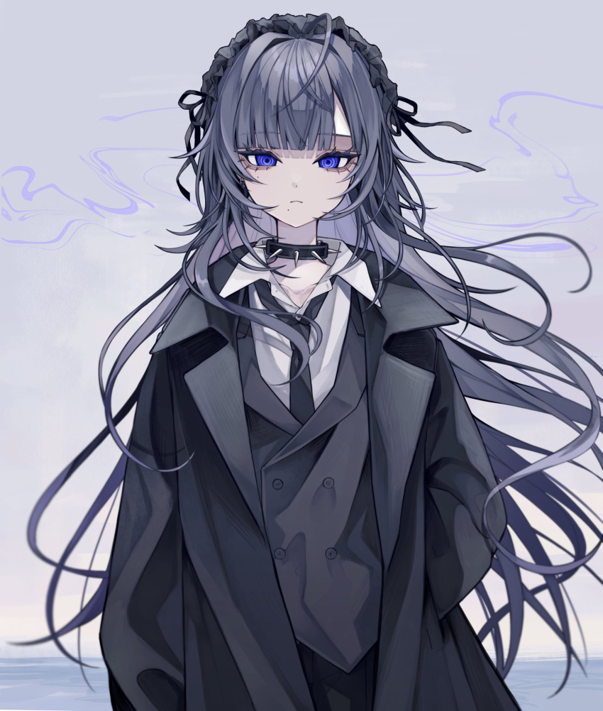 1girl 402_(o0_xxx) bangs black_collar black_hair black_jacket black_ribbon black_suit blue_eyes blunt_bangs closed_mouth collar collared_shirt expressionless formal hand_in_pocket headdress highres jacket long_hair long_sleeves looking_at_viewer mole mole_under_eye mole_under_mouth necktie original ribbon ringed_eyes shirt solo spiked_collar spikes straight-on suit white_shirt wind