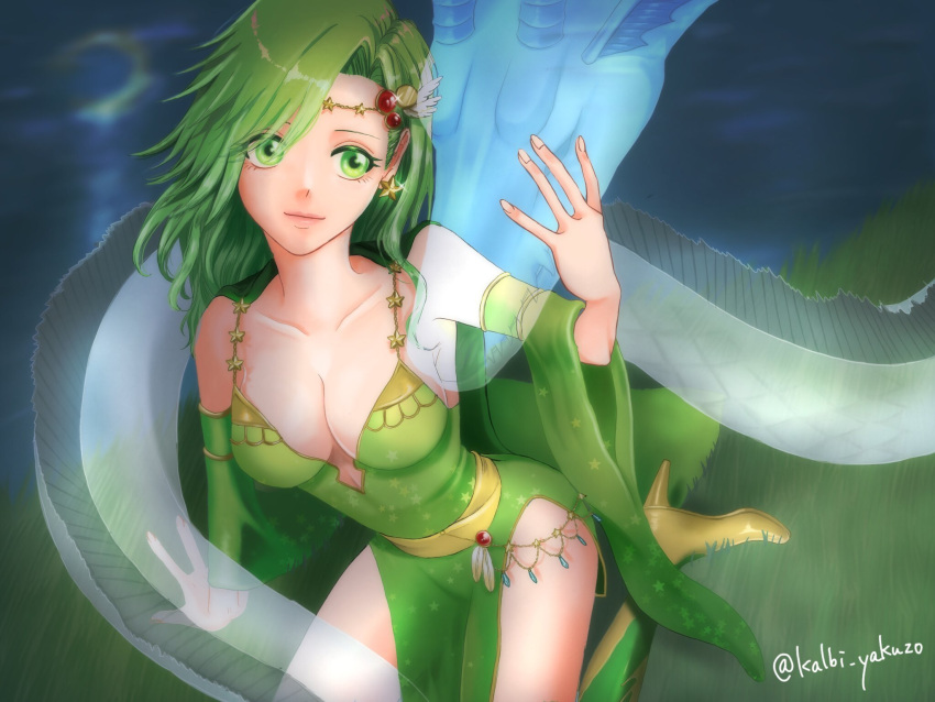 1girl aged_up breasts cape cleavage closed_mouth detached_sleeves dress earrings final_fantasy final_fantasy_iv green_eyes green_hair hair_ornament highres jewelry kalbi_yakuzo knees_out_of_frame leviathan_(final_fantasy) long_hair rydia_(ff4) smile thighhighs twitter_username water