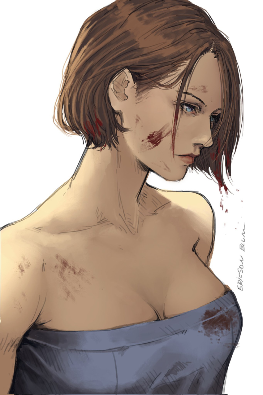 1girl artist_name bangs bare_shoulders blood blood_on_clothes blood_on_face blue_eyes blue_shirt bob_cut breasts brown_hair cleavage collarbone ericson_blum hair_behind_ear highres jill_valentine large_breasts looking_to_the_side parted_bangs resident_evil resident_evil_3 shirt short_hair solo strapless tube_top white_background