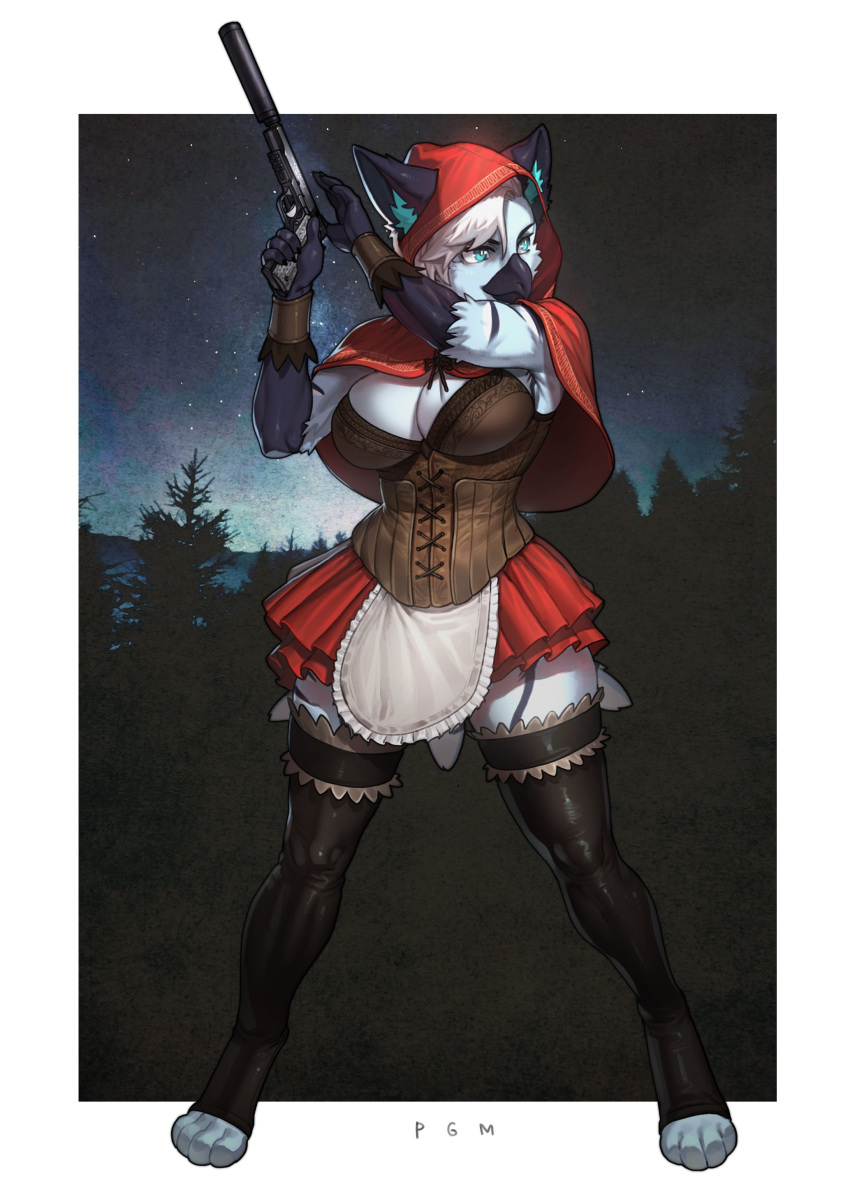 2022 5_fingers absurd_res anthro avian bird bottomwear breasts clothing digital_media_(artwork) female fingers fur gun hi_res hood_(clothing) mountain pgm300 plant ranged_weapon red_bottomwear red_clothing red_skirt red_topwear signature silencer skirt sky solo star topwear tree weapon