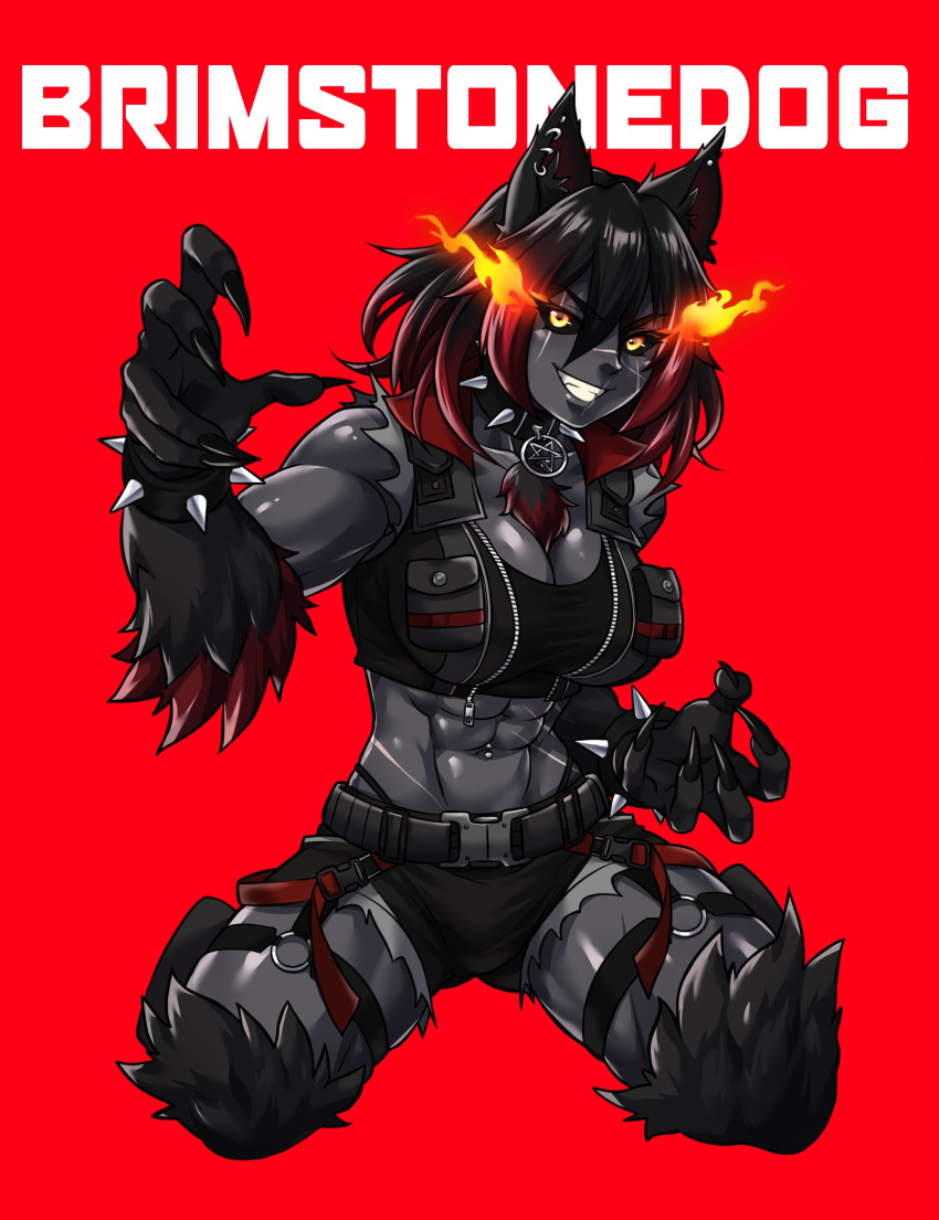 1girl abs absurdres animal_ears black_hair black_sclera breasts claws cleavage collar colored_sclera colored_skin commission ear_piercing fur grey_skin hellhound_(monster_girl_encyclopedia) highres large_breasts midriff monster_girl_encyclopedia multicolored_hair muscular muscular_female navel navel_piercing original pentagram piercing red_background red_hair sgt_crisis short_hair simple_background stomach two-tone_hair yellow_eyes