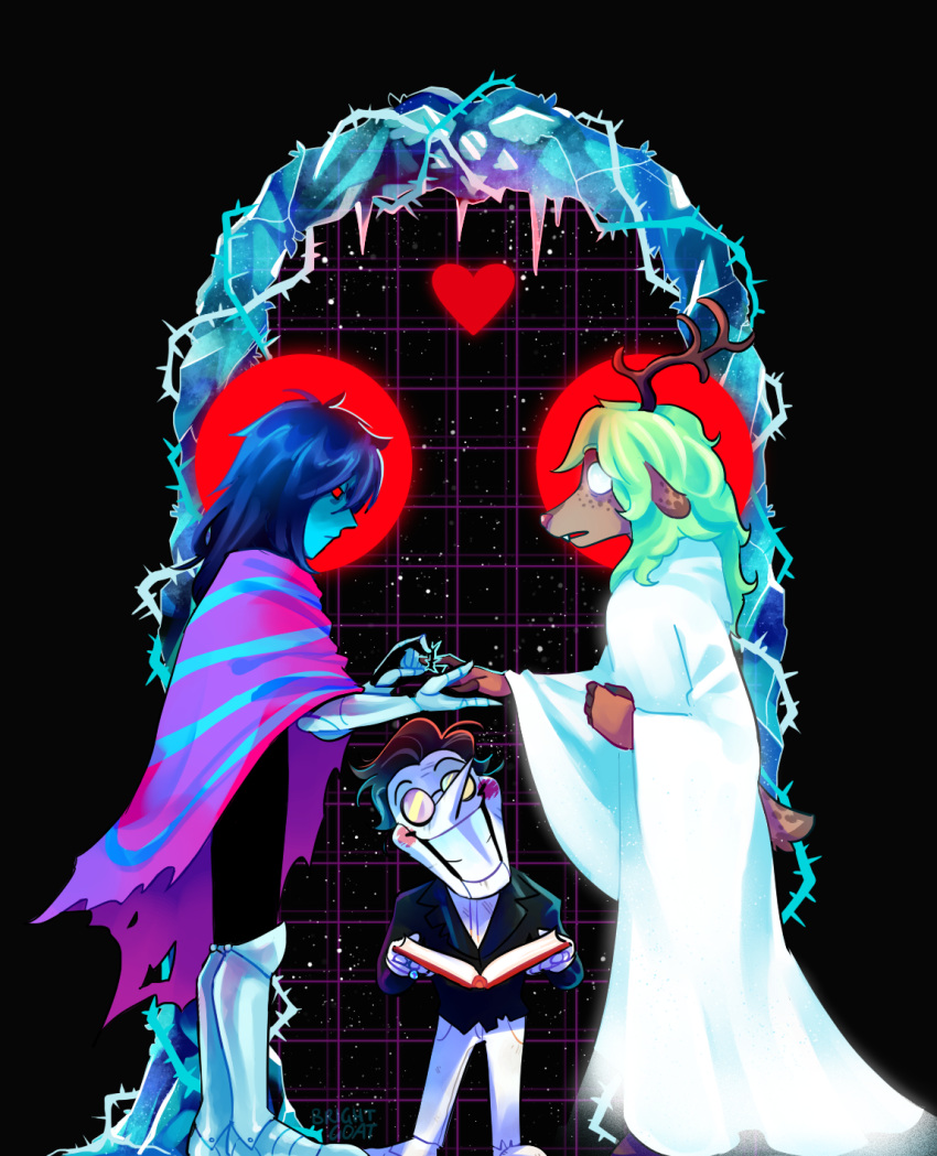 &lt;3 2021 5_fingers anthro antlers armor artist_name black_background black_hair black_tie_(suit) blonde_hair blue_hair blush blush_stickers bodysuit book breastplate breasts bright-goat buckteeth cape capreoline cervid clothing cold delta_rune_(emblem) deltarune digit_ring doe_with_antlers empty_eyes eyewear female fingers freckles frown frozen gauntlets glasses gloves glowing glowing_eyes grin group hair halo handwear hi_res hooded_robe hooved_fingers hooves horn human ice icicle imminent_pain interspecies jewelry kris_(deltarune) living_puppet long_hair long_nose male mammal mind_break narrowed_eyes noelle_holiday red_eyes red_nose reindeer ring robe sabatons scut_tail short_hair short_tail simple_background size_difference skinsuit small_breasts smile snow snowgrave soul_(undertale) spamton_g._spamton spiked_ring submissive submissive_female suit symbol teeth thorns tight_clothing torn_cape trio undertale undertale_(series) video_games vines wedding wedding_arch wedding_ring white_clothing white_robe