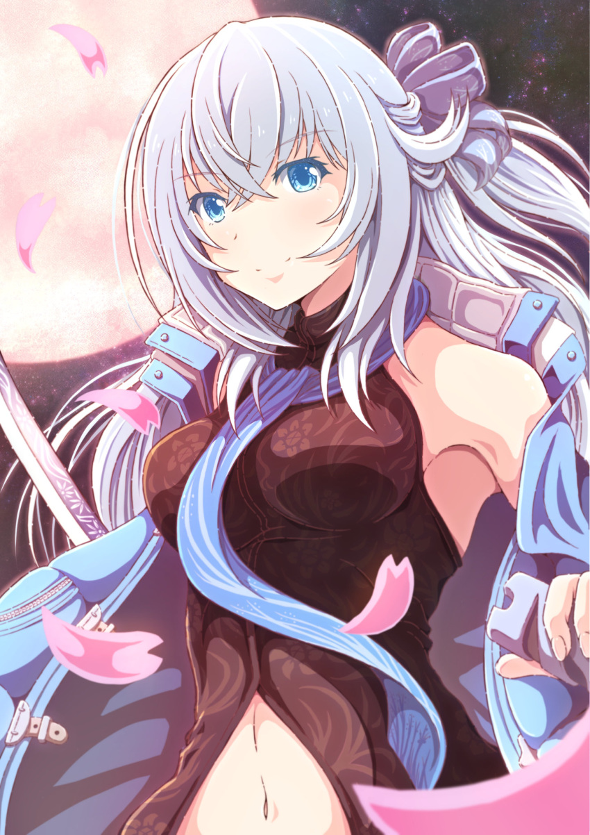 1girl binzume_suika blue_eyes cherry_blossoms eiyuu_densetsu hair_between_eyes highres holding holding_sword holding_weapon jacket kuro_no_kiseki long_hair moon navel open_clothes open_jacket petals shizuna_rem_misurugi solo sword weapon white_hair