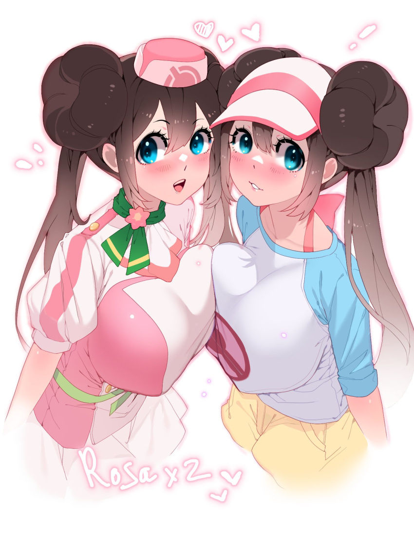 2girls ascot bangs belt blue_eyes bow breast_press breasts brown_hair double_bun doughnut_hair_bun flower from_above green_scarf hair_bun hat highres long_hair looking_at_viewer multiple_girls official_alternate_costume open_mouth pink_bow pink_flower pink_headwear poke_ball_print pokemon pokemon_(game) pokemon_masters_ex raglan_sleeves rosa_(pokemon) scarf short_sleeves shorts simple_background sumisumii teeth twintails visor_cap white_background yellow_shorts