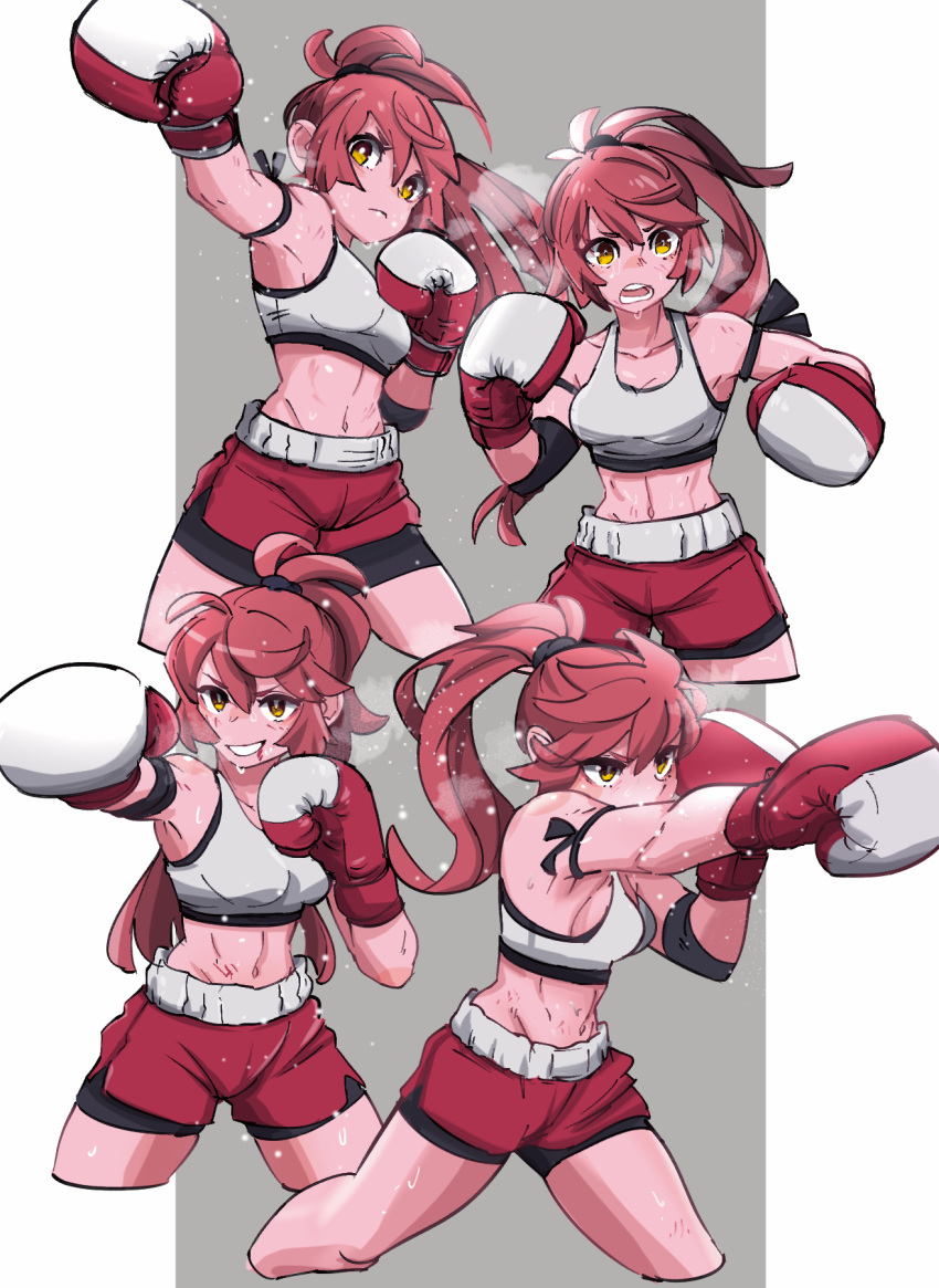 1girl amazu_(kurozu) bare_shoulders bike_shorts black_shorts boxing_gloves breasts cleavage closed_mouth crop_top cropped_legs grey_background grin heavy_breathing highres long_hair lower_teeth mari_(amazu) medium_breasts multiple_views navel open_mouth original ponytail red_hair red_shorts short_shorts shorts shorts_under_shorts smile teeth two-tone_background upper_teeth very_long_hair white_background yellow_eyes