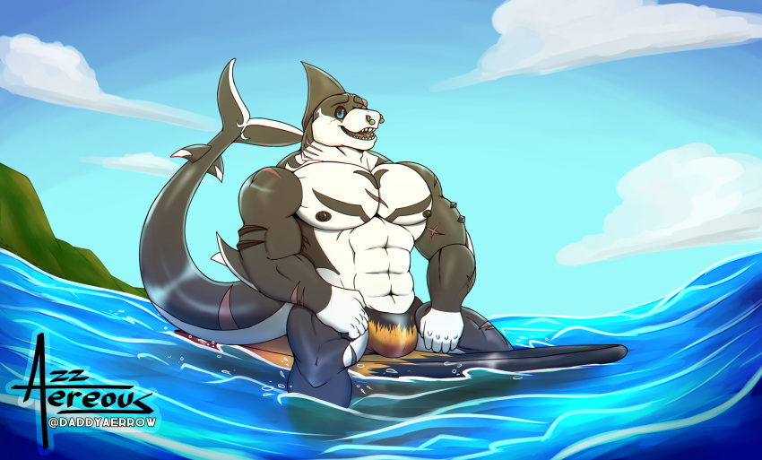 abs absurd_res aereous anthro beach big_bulge big_tail black_body black_nipples blue_eyes bulge bull_shark carcharhinus clothing cloud digital_drawing_(artwork) digital_media_(artwork) digital_painting_(artwork) facial_piercing fin fish gills hi_res humanoid_hands legs_in_water looking_at_viewer male marine multicolored_body muscular muscular_anthro muscular_arms muscular_legs muscular_male nipples nose_piercing on_surface open_mouth open_smile pecs piercing requiem_shark scar sea seaside shark shark_tooth simple_background sky smile solo speedo splash surfboard swimwear tattoo teeth two_tone_body water white_body