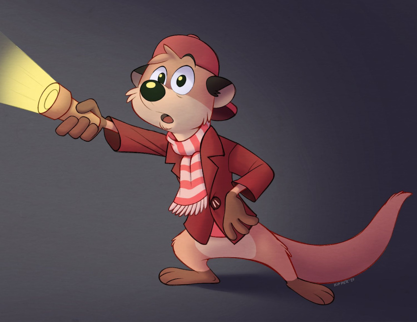 2020 4_fingers anthro backwards_baseball_cap backwards_hat baseball_cap chester_the_otter clothing digital_media_(artwork) fingers flashlight fur gradient_background hat headgear headwear kipper_snax light lutrine male mammal mustelid open_mouth red_clothing red_topwear scarf signature simple_background solo topwear winter_clothing year