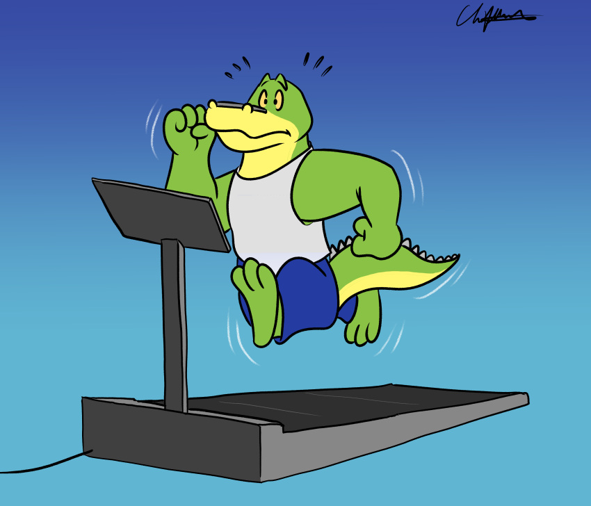 2021 3_toes 4_fingers absurd_res alligator alligatorid anthro biped bottomwear brok_(character) brok_the_investigator clothing crocodilian exercise feet fingers green_body hi_res humanoid_hands pants reptile running scalie shirt sobieniak solo toes topwear workout
