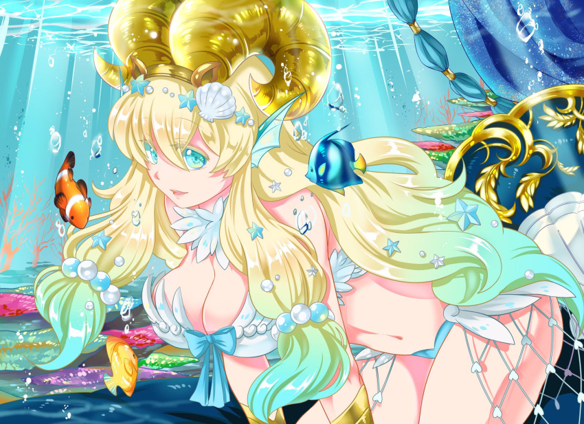 1girl bangs bikini blonde_hair blue_bikini blue_bow blue_hair bow bracer breasts caustics cleavage clownfish commentary_request coral cowboy_shot curled_horns eyes_visible_through_hair fake_horns fish gradient_hair hair_between_eyes head_fins heart highres horns large_breasts leaning_forward long_hair looking_at_viewer love_morocc mismatched_bikini multicolored_hair navel open_mouth ragnarok_online shell_hair_ornament smile solo swimsuit tropical_fish underwater wanderer_(ragnarok_online) water white_bikini