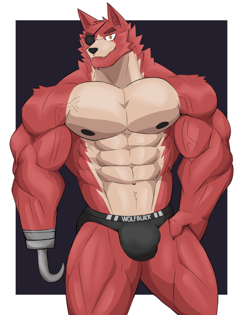 abs anatake anthro biceps big_muscles black_clothing black_thong black_underwear bulge canid canine clothing countershade_torso countershading eye_patch eyewear five_nights_at_freddy's fox foxy_(fnaf) fur hi_res hook_hand huge_muscles male mammal muscular muscular_anthro muscular_male navel nipples pecs quads red_body red_fur scottgames simple_background solo thong underwear veiny_muscles video_games