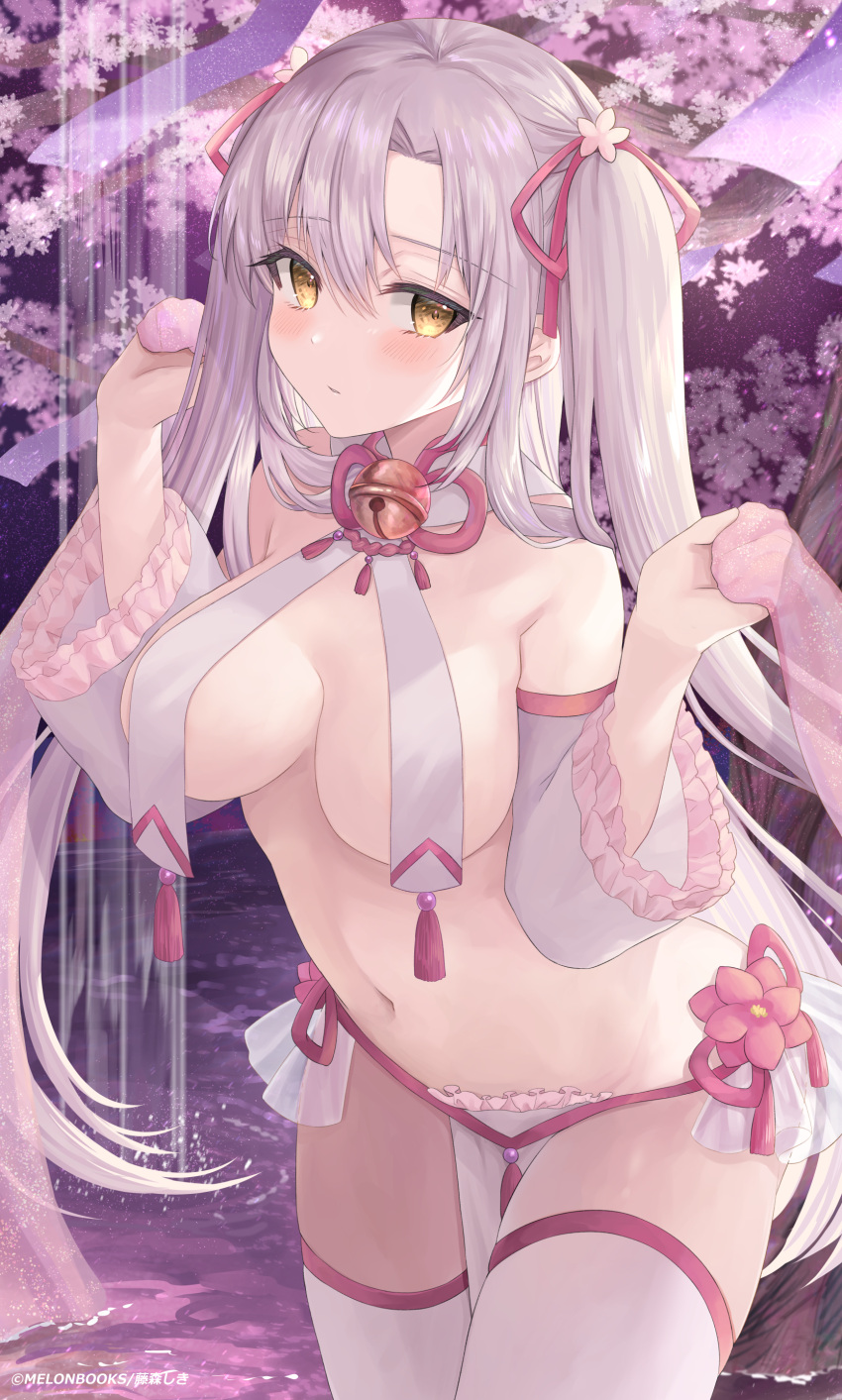 1girl absurdres bell blush breasts detached_sleeves flower fujimori_shiki highres jingle_bell large_breasts long_hair looking_at_viewer navel no_bra original revealing_clothes solo thighhighs thighs twintails white_hair yellow_eyes