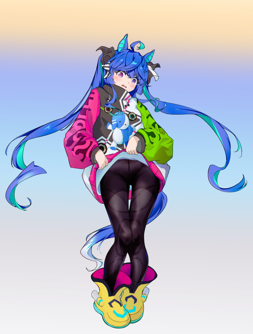 1girl absurdres ahoge aqua_hair bangs black_bodysuit black_ribbon blue_eyes blue_hair blush bodysuit boots chinese_commentary clothes_writing coat_lift commentary_request drawstring fang frown full_body hair_ribbon head_tilt hermityy heterochromia highres horse_girl horse_tail lifted_by_self long_hair long_sleeves looking_at_viewer multicolored_background multicolored_coat multicolored_hair open_mouth purple_eyes ribbon sidelocks solo standing stuffed_animal stuffed_bunny stuffed_toy tail textless_version thigh_gap twin_turbo_(umamusume) twintails two-tone_hair umamusume very_long_hair white_ribbon yellow_footwear