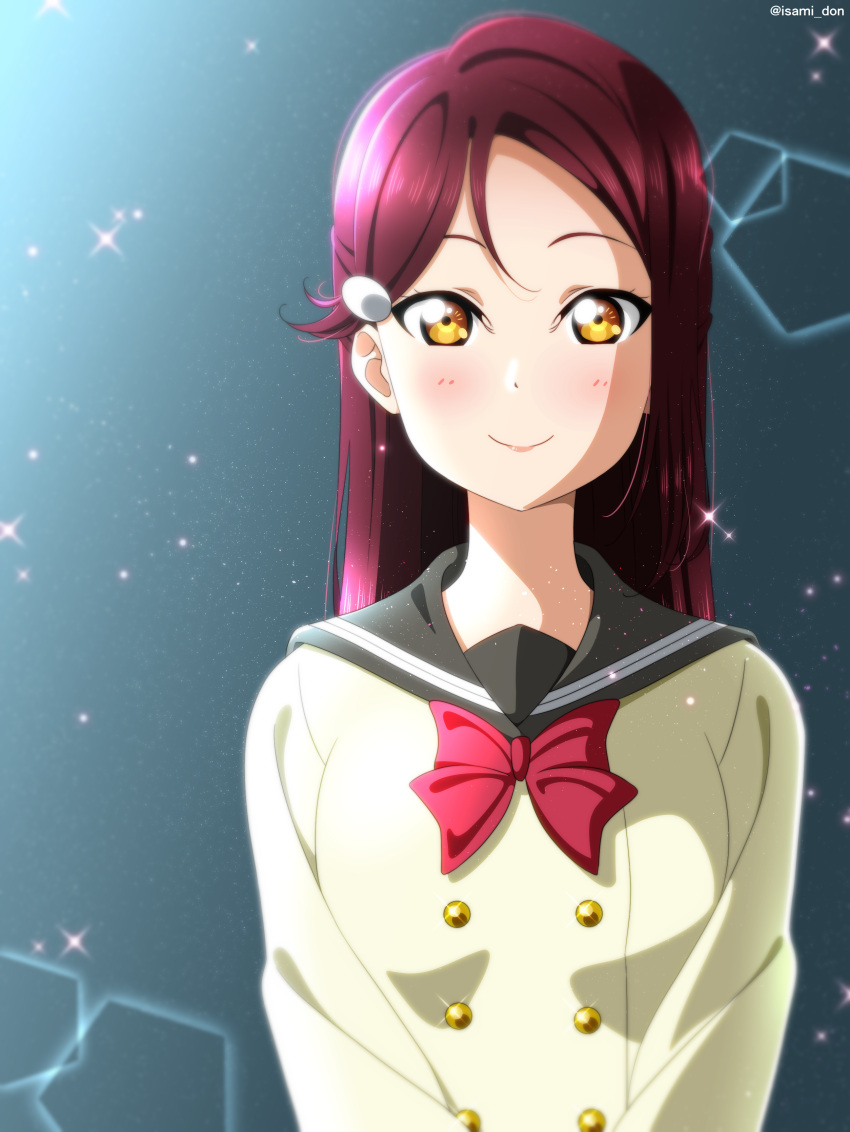 1girl absurdres artist_name bow bowtie closed_mouth commentary_request facing_viewer grey_sailor_collar hair_ornament highres isami_don lens_flare long_hair long_sleeves love_live! love_live!_sunshine!! red_bow red_bowtie red_hair sailor_collar sakurauchi_riko school_uniform smile solo upper_body uranohoshi_school_uniform yellow_eyes