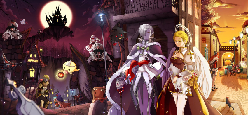 5boys 5girls alchemist_(ragnarok_online) animal_ears animal_print anniversary arch_bishop_(ragnarok_online) armor armored_boots asymmetrical_hair bangs banner bare_tree bayeri_(ragnarok_online) belt bench black_cape black_gloves black_hair black_jumpsuit black_pants black_shirt blonde_hair blush boots bow bread breasts brick_wall brown_belt brown_cape bug candy cape castle cat chainmail city cleavage cleavage_cutout cliff closed_mouth clothing_cutout cloud commentary_request cone_hair_bun constricted_pupils crop_top cross disguise_(ragnarok_online) dress eating emblem fake_animal_ears feet_out_of_frame fingerless_gloves fishnet_thighhighs fishnets flask floating_island food forest fountain full_body full_moon fur-trimmed_cape fur-trimmed_skirt fur-trimmed_sleeves fur_cape fur_collar fur_trim gauntlets genetic_(ragnarok_online) ghost gibbet gloves gradient_hair grey_hair grey_pants grin guillotine_cross_(ragnarok_online) hair_between_eyes hair_bow hair_bun hair_over_one_eye halo highres holding holding_staff holding_sword holding_weapon in-universe_location jack-o'-lantern juliet_sleeves jumpsuit jumpsuit_around_waist knight_(ragnarok_online) lamppost lantern large_breasts leopard_print lollipop long_hair long_sleeves love_morocc lude_(ragnarok_online) mechanic_(ragnarok_online) medium_breasts melon_bread midriff miniskirt moon multicolored_hair multiple_boys multiple_girls mushroom nature official_alternate_costume open_mouth orange_sky outdoors pants pauldrons pointy_ears puffy_sleeves purple_eyes purple_hair purple_thighhighs quve_(ragnarok_online) rabbit_ears ragnarok_online red_armor red_bow red_eyes red_hair red_scarf red_sleeves round-bottom_flask sandwich sash scarf shadow_chaser_(ragnarok_online) shirt short_hair shoulder_armor silk sitting skirt skull sky slime_(creature) smile spider spider_web spore_(ragnarok_online) staff sunset sword tabard thighhighs tombstone tree triangular_headpiece two-tone_dress unicorn vambraces vanilmirth_(ragnarok_online) warlock_(ragnarok_online) weapon whisper_(ragnarok_online) white_dress white_hair white_thighhighs yellow_eyes yellow_sash