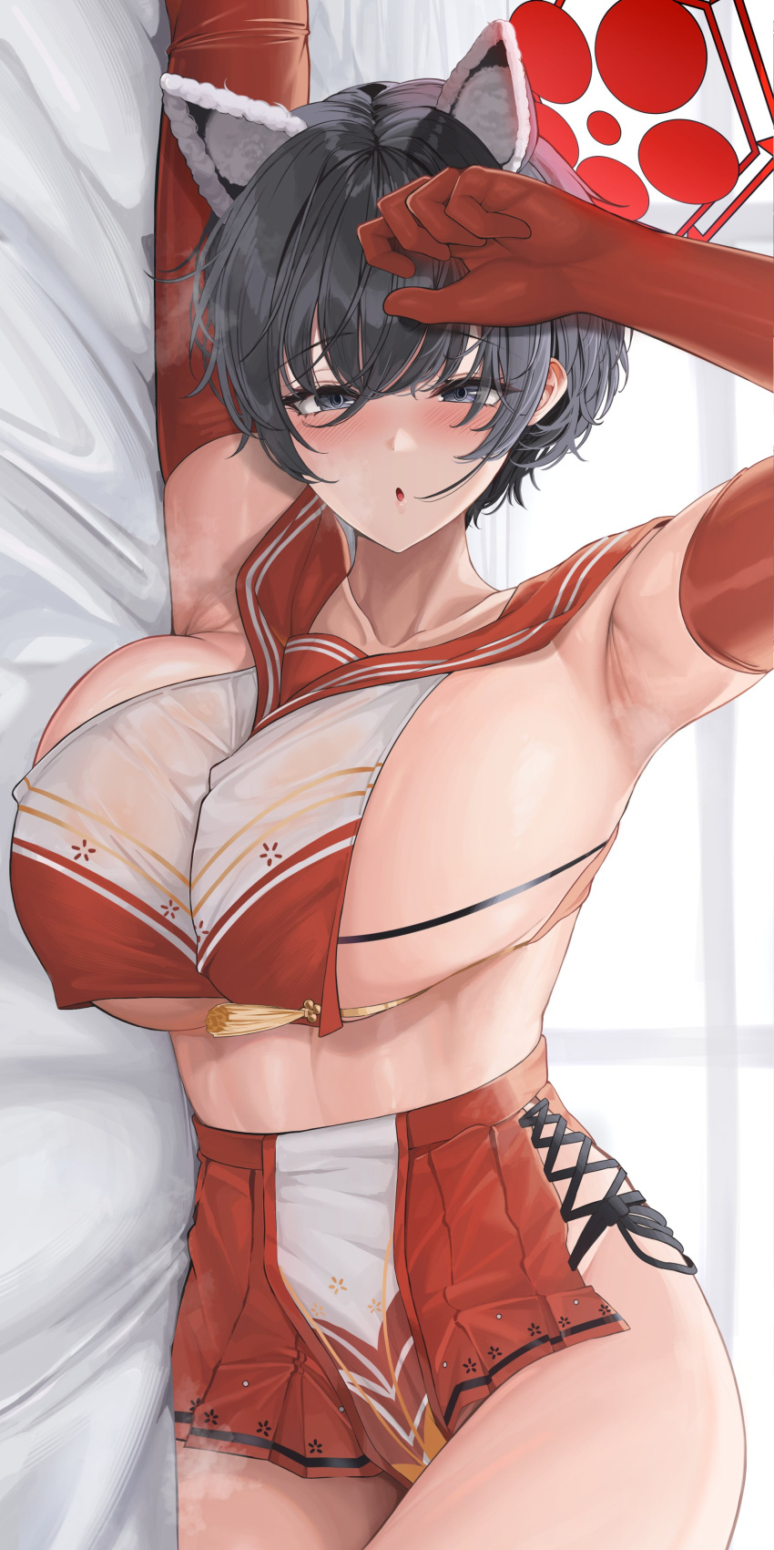 1girl absurdres animal_ears bannou_ippoutsukou black_eyes black_hair blue_archive breasts crop_top crop_top_overhang elbow_gloves gloves halo highres hip_vent large_breasts midriff miniskirt raccoon_ears red_gloves red_sailor_collar red_skirt revealing_clothes sailor_collar sideboob sideless_outfit skirt tassel tsubaki_(blue_archive)