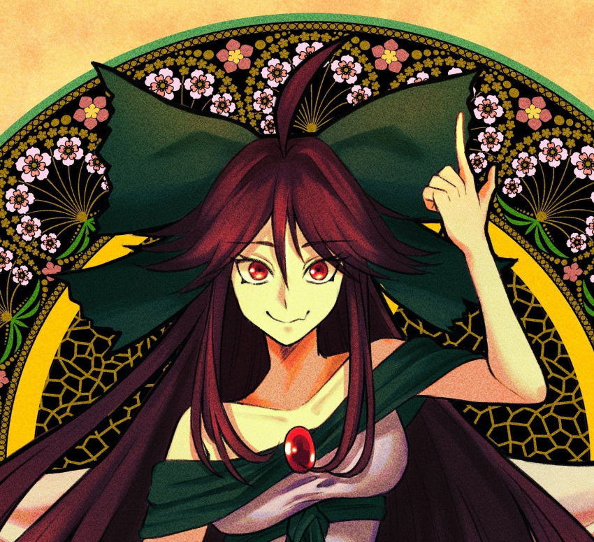 1girl ahoge arm_up bow brown_hair closed_mouth cosplay equality_taira fang floral_background green_bow hair_bow highres imaizumi_kagerou imaizumi_kagerou_(cosplay) index_finger_raised long_hair off_shoulder red_eyes reiuji_utsuho skin_fang smile solo touhou upper_body