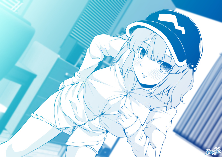1girl bangs blue_theme blush breasts button_gap chair closed_mouth collared_shirt commentary_request cowboy_shot desk dutch_angle flat_cap hair_bobbles hair_ornament hat highres indoors kagiyama_pandra kawashiro_nitori large_breasts leaning_forward looking_at_viewer medium_hair monochrome naked_shirt open_clothes open_shirt panties panty_pull shirt sidelocks smile solo tongue tongue_out touhou two_side_up underwear