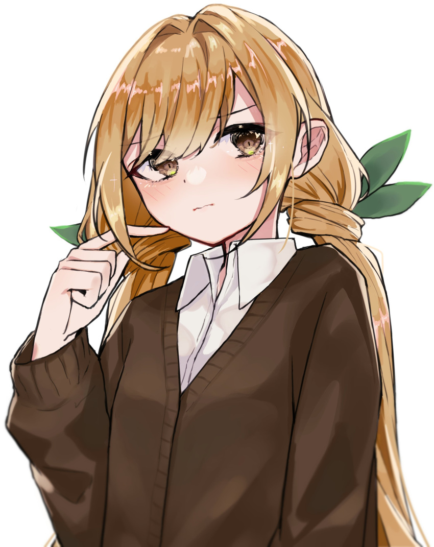 1girl absurdres bangs blonde_hair brown_eyes closed_mouth collared_shirt hair_between_eyes hair_ribbon hanto_hkd highres inda_karane kimi_no_koto_ga_dai_dai_dai_dai_daisuki_na_100-nin_no_kanojo light_blush long_hair long_sleeves ribbon scratching_cheek shirt solo sweater twintails upper_body white_background white_shirt