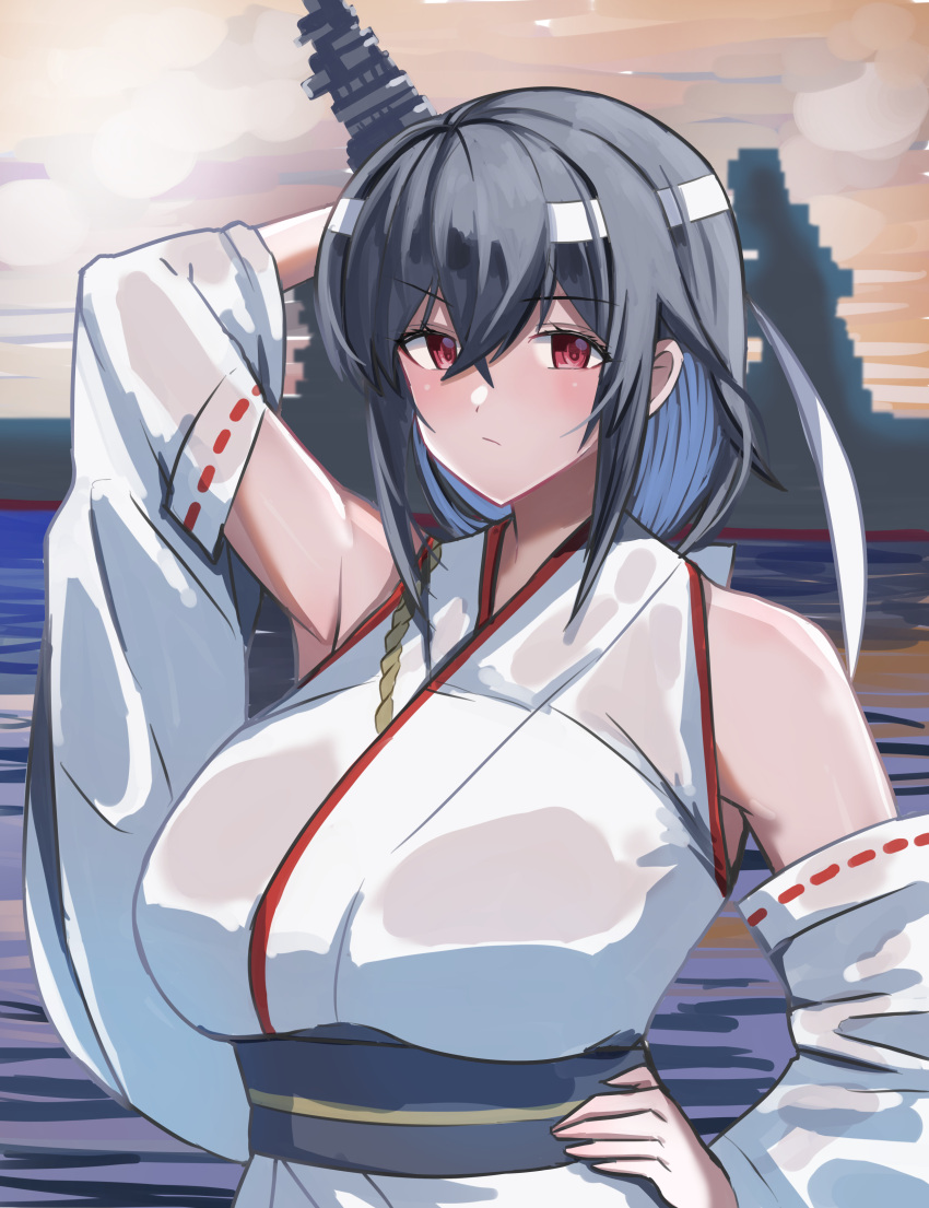 1girl absurdres alisa_(11749711) black_hair breasts cloud cloudy_sky curvy detached_sleeves hair_ornament headband headgear highres japanese_clothes kantai_collection large_breasts medium_hair nontraditional_miko plump red_eyes sky solo sunset water white_headband wide_sleeves yamashiro_(battleship) yamashiro_(kancolle) yamashiro_kai_ni_(kancolle)