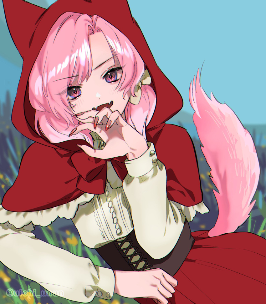 1boy bow capelet claw_pose claws corset cosplay fangs hair_bow highres hood little_red_riding_hood_(grimm) little_red_riding_hood_(grimm)_(cosplay) lying on_side original otoko_no_ko pink_eyes pink_hair solo tail uichiya-san white_bow wolf_tail