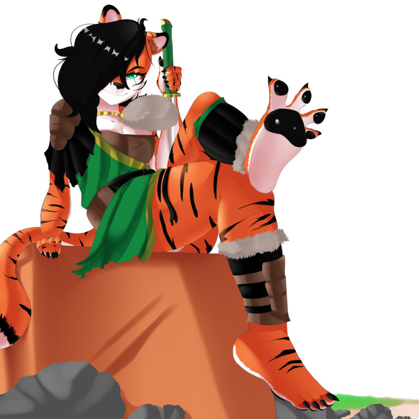 4_toes 5_fingers anthro artsenravenbrave barefoot black_hair black_pawpads black_stripes breasts claws cleavage clothed clothing countershade_feet countershading crossed_legs dungeons_and_dragons feet felid female finger_claws fingers foot_focus fur green_clothing green_eyes hair hair_over_eye hasbro hi_res hindpaw holding_katana holding_object holding_sword holding_weapon humanoid_feet humanoid_hands katana looking_at_viewer mammal melee_weapon nikushimi one_eye_obstructed orange_body orange_fur pantherine pawpads paws plantigrade simple_background sitting smile smiling_at_viewer soles solo spread_toes striped_body striped_fur stripes sword tabaxi tiger toe_claws toes weapon white_background white_body white_fur white_soles wizards_of_the_coast