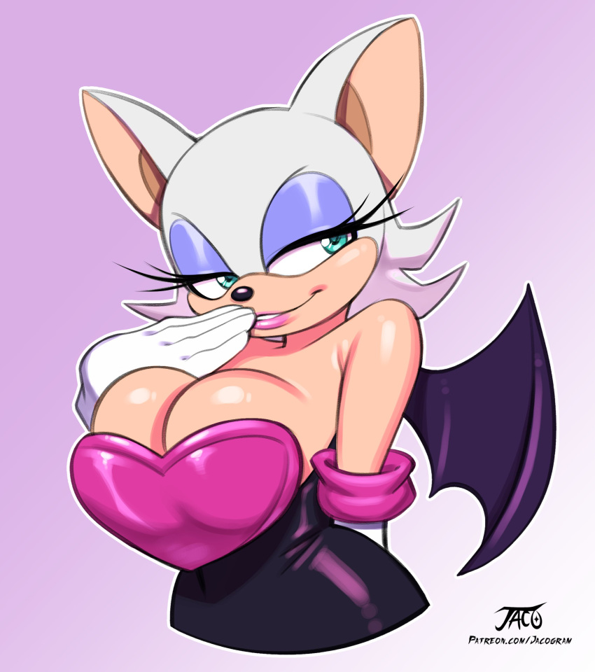 absurd_res anthro armwear bat_wings bedroom_eyes big_breasts breasts chiropteran cleavage clothed clothing detached_sleeves eyelashes female fur green_eyes hand_on_mouth hi_res iacolarec looking_aside makeup mammal mascara membrane_(anatomy) membranous_wings narrowed_eyes pink_background rouge_the_bat seductive sega simple_background solo sonic_the_hedgehog_(series) standing watermark white_body white_fur wings