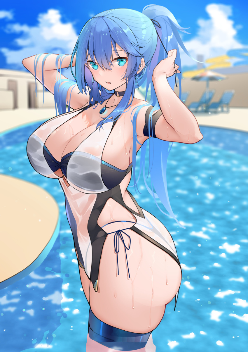 1girl absurdres arm_strap artist_request ass bangs bikini black_choker blue_eyes blue_hair blush breasts check_artist choker cleavage commentary_request commission from_side hands_up highres jewelry large_breasts long_hair looking_to_the_side necklace original outdoors parted_lips ponytail pool ringobatake see-through solo swimsuit thighs water