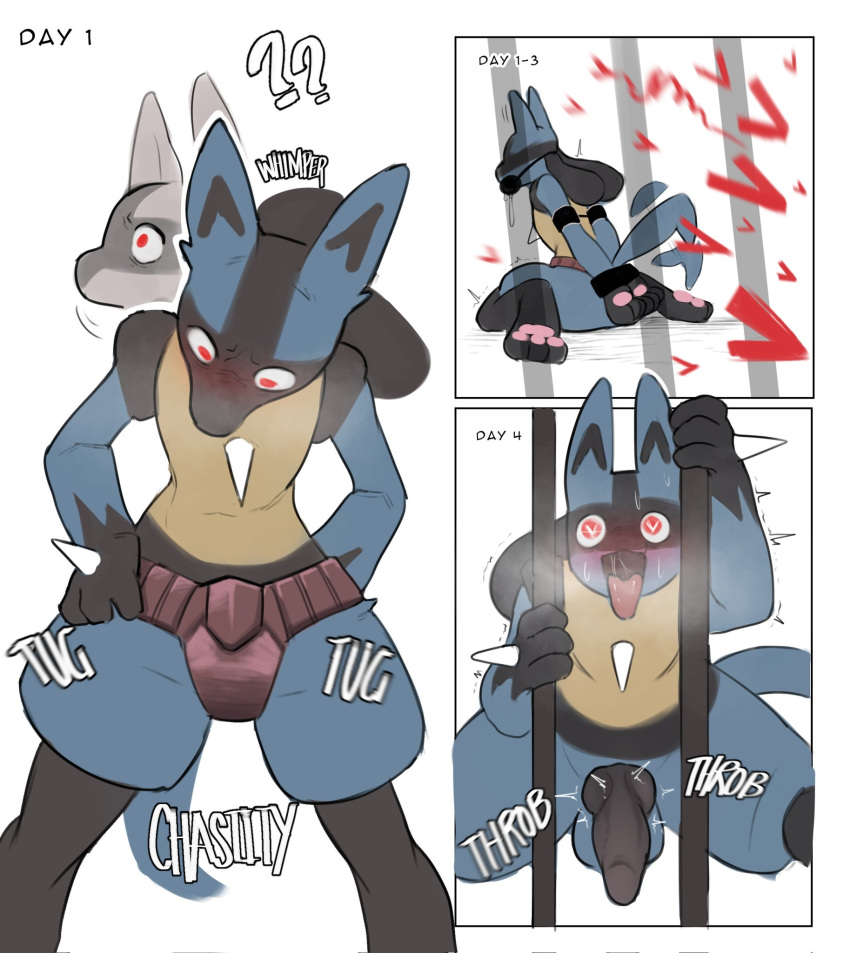 &lt;3 &lt;3_eyes animal_genitalia animal_penis anthro biped black_body blue_body bodily_fluids bound canine_penis chastity_device confusion erection generation_4_pokemon genitals hi_res knot lucario male nintendo open_mouth penis pokemon pokemon_(species) question_mark rear_view simple_background sincastermon sound_effects sweat tan_body throbbing_penis video_games white_background