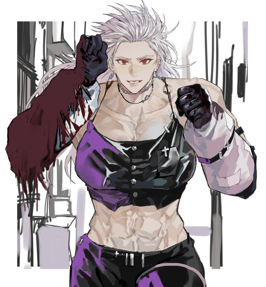 1girl breasts collarbone dorohedoro gloves grey_hair highres jewelry large_breasts lips looking_at_viewer muscular muscular_female navel necklace noi_(dorohedoro) park_ongjol piercing