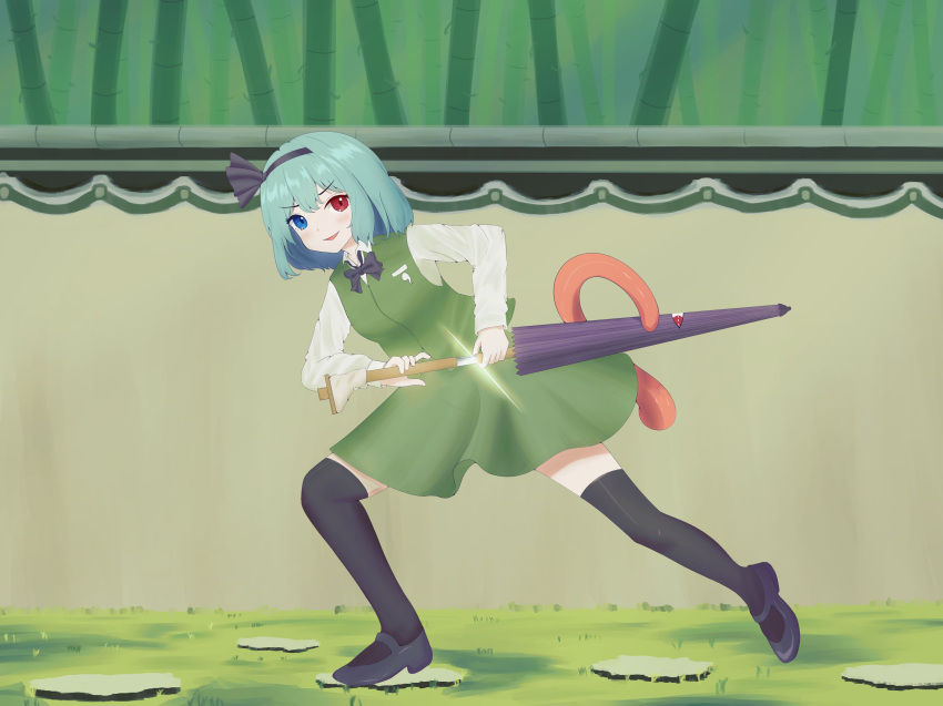 1girl 3co absurdres black_bow black_bowtie black_footwear black_hairband black_thighhighs blue_eyes blue_hair bow bowtie collared_shirt cosplay full_body green_skirt green_vest hairband heterochromia high_heels highres holding holding_umbrella karakasa_obake konpaku_youmu konpaku_youmu_(cosplay) long_sleeves outdoors purple_umbrella red_eyes shirt short_hair skirt smile solo tatara_kogasa thighhighs tongue touhou umbrella vest white_shirt