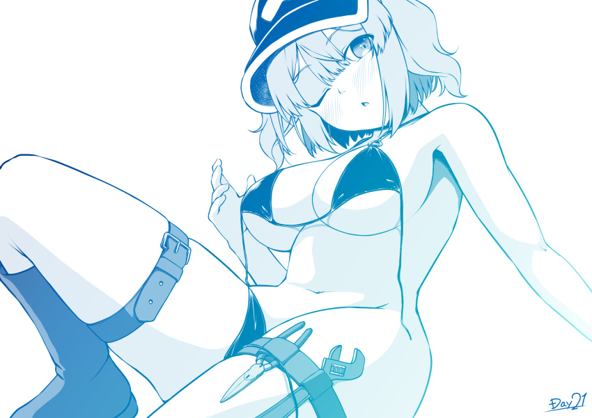 1girl alternate_costume bangs belt bikini blue_theme blush boots breasts cleavage commentary_request flat_cap foot_out_of_frame hair_bobbles hair_ornament hat highres holster kagiyama_pandra kawashiro_nitori large_breasts looking_at_viewer medium_hair monochrome one_eye_closed open_mouth pliers sidelocks simple_background solo swimsuit thigh_belt thigh_holster thigh_strap touhou two_side_up untied untied_bikini wrench