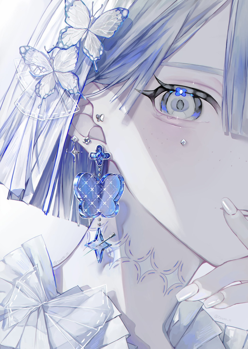 1girl artist_name butterfly_earrings butterfly_hair_ornament close-up commentary diamond_(shape) earrings finger_to_mouth fingernails freckles grey_eyes hair_ornament highres jewelry original short_hair simple_background solo towor_n white_background white_hair