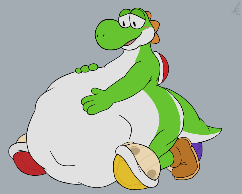 2022 anthro belly big_belly bigtimekudo butt digital_media_(artwork) dinosaur green_yoshi hi_res male mario_bros nintendo open_mouth reptile scalie signature simple_background smile solo video_games vore yoshi yoshi_(character)