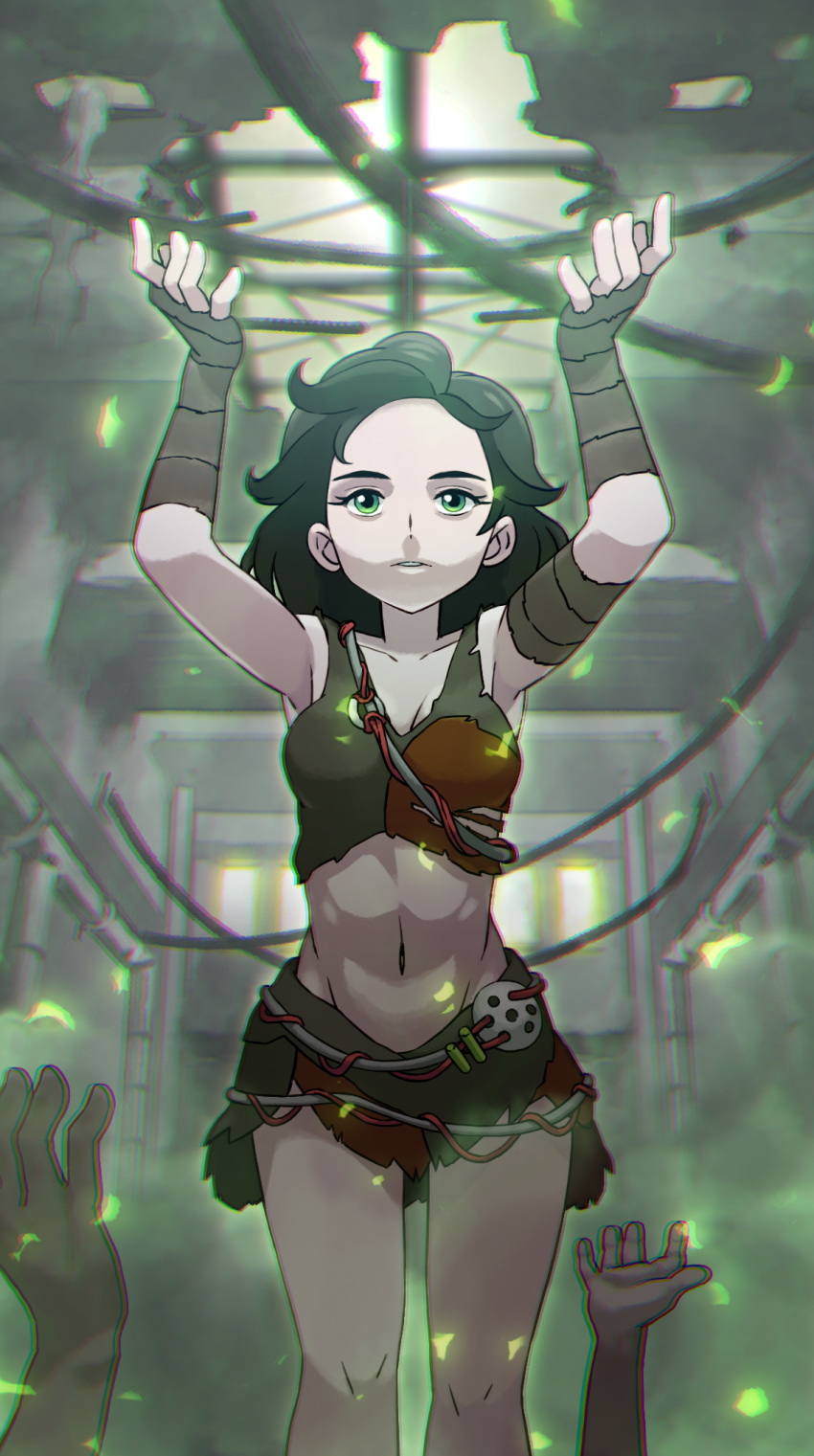 1girl arms_up black_hair breasts case-k cleavage collarbone fallout_(series) fallout_4 fallout_shelter_online fingerless_gloves gloves green_eyes highres isolde_(fallout) midriff navel short_hair skirt torn_clothes