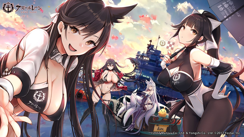 4girls :d animal_ears armpits atago_(azur_lane) atago_(stunning_speedster)_(azur_lane) azur_lane bare_shoulders bikini bird black_bikini black_hair black_thighhighs bow breasts brown_eyes brown_pantyhose car chick cleavage cleavage_cutout clothing_cutout covered_navel extra_ears fox_ears fox_girl fox_tail ground_vehicle hair_bow hair_flaps halterneck hand_on_hip highleg highleg_bikini highleg_leotard holding jacket kitsune large_breasts leotard long_hair looking_at_viewer manjuu_(azur_lane) mappaninatta military military_vehicle mole mole_under_eye motor_vehicle multi-strapped_bikini multiple_girls multiple_tails navel off_shoulder official_alternate_costume official_art open_clothes open_jacket open_mouth outdoors outstretched_arm pantyhose ponytail race_queen red_jacket shinano_(azur_lane) ship shrug_(clothing) smile sports_car stomach string_bikini swimsuit taihou_(azur_lane) taihou_(enraptured_companion)_(azur_lane) tail takao_(azur_lane) takao_(full_throttle_charmer)_(azur_lane) thighhighs umbrella very_long_hair warship watercraft white_leotard