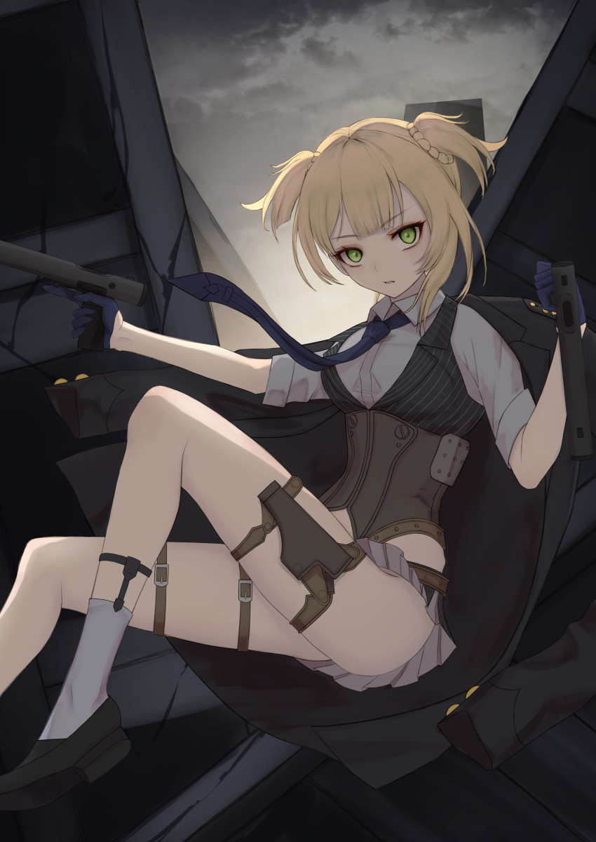 1girl absurdres bangs black_footwear black_vest blonde_hair blue_gloves blue_necktie brown_corset closed_mouth corset dual_wielding evening foot_out_of_frame girls'_frontline gloves green_eyes gun handgun highres holding holding_gun holding_weapon holster looking_at_viewer miniskirt necktie shirt shoes short_hair sitting skirt sleeves_rolled_up socks solo thigh_holster thomas_8000 vest weapon welrod_mk2 welrod_mkii_(girls'_frontline) white_shirt white_skirt white_socks