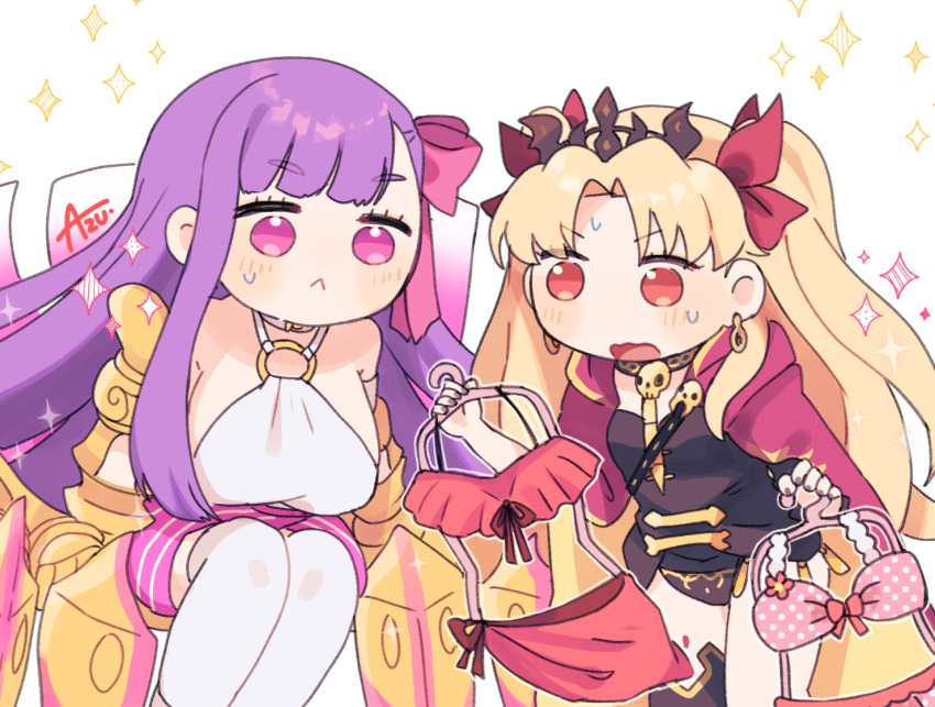 2girls :&lt; artist_name azu_(kirara310) bangs bare_shoulders bikini black_leotard black_thighhighs blonde_hair bow breasts cape chibi claws clothes_hanger commentary_request earrings ereshkigal_(fate) fate/grand_order fate_(series) hair_bow hair_ribbon holding holding_clothes_hanger hood hood_down hooded_cape jewelry large_breasts leotard long_hair multiple_girls o-ring o-ring_top parted_bangs passionlip_(fate) passionlip_(third_ascension)_(fate) pink_bikini pink_bow pink_skirt polka_dot polka_dot_bikini purple_eyes purple_hair red_bikini red_cape red_eyes red_ribbon ribbon single_thighhigh skirt skull spine straight_hair striped striped_skirt sweat sweatdrop swimsuit tank_top thighhighs tiara trait_connection two_side_up very_long_hair white_tank_top white_thighhighs