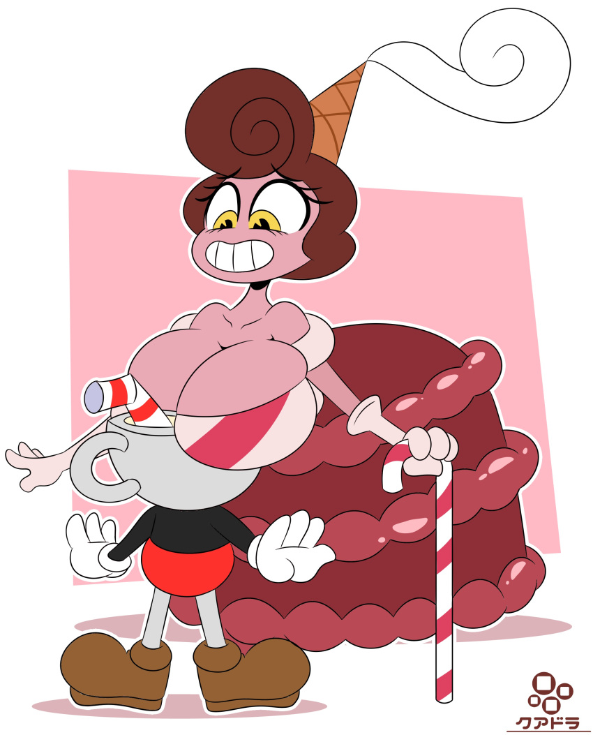 2022 absurd_res animate_inanimate baroness_von_bon_bon big_breasts breasts cleavage clothed clothing cuadra_side cuphead_(character) cuphead_(game) duo female footwear for_a_head gloves handwear hi_res huge_breasts human human_on_humanoid humanoid interspecies male male/female mammal not_furry object_head shoes smile video_games yellow_eyes