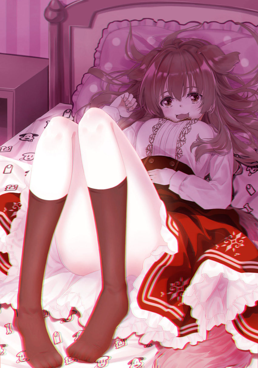 1girl 54hao :3 :d animal_ears bangs blush breasts brown_eyes brown_hair brown_socks chromatic_aberration convenient_leg dog_ears dog_girl dog_tail fangs frilled_pillow frilled_skirt frills hair_between_eyes highres hololive indoors inugami_korone long_sleeves lying medium_breasts no_shoes on_back on_bed pillow polka_dot_pillow red_skirt shirt skirt smile socks solo striped tail vertical_stripes virtual_youtuber white_shirt