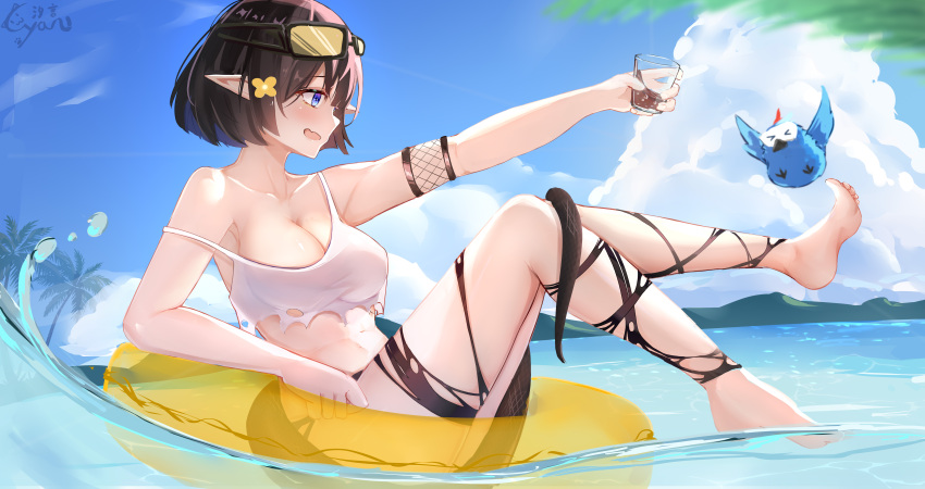 1girl absurdres arknights blue_eyes blue_sky breasts brown_hair cleavage cloud cloudy_sky cyan_(2723219252) day drink eunectes_(arknights) flower goggles goggles_on_head hair_flower hair_ornament high_priest_(arknights) highres holding holding_drink innertube large_breasts open_mouth outdoors palm_tree pointy_ears short_hair sideways_mouth sky snake_tail solo strap_slip swimsuit tail thighs tree water yellow_flower