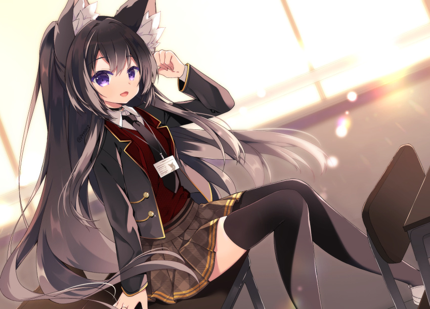 1girl :d animal_ear_fluff animal_ears arm_up bangs black_hair black_jacket black_necktie black_thighhighs blazer brown_skirt chair collared_shirt commentary_request commission desk feet_out_of_frame hair_between_eyes highres jacket knees_together_feet_apart long_hair long_sleeves looking_at_viewer necktie on_desk open_clothes open_jacket original plaid plaid_skirt pleated_skirt purinpurin purple_eyes school_chair school_desk school_uniform shirt sitting sitting_on_desk skeb_commission skirt smile solo sunlight sunset sweater_vest thighhighs unmoving_pattern very_long_hair white_shirt window