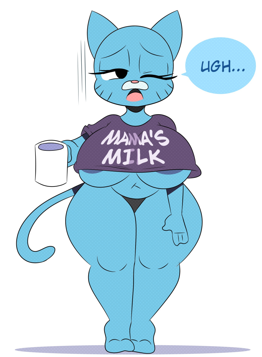 2022 absurd_res anthro areola big_breasts blue_body blue_fur breasts cartoon_network container cuadra_side cup domestic_cat english_text felid feline felis female fur hi_res mammal mature_anthro mature_female mug nicole_watterson nipples one_eye_closed open_mouth simple_background solo standing text the_amazing_world_of_gumball thick_thighs