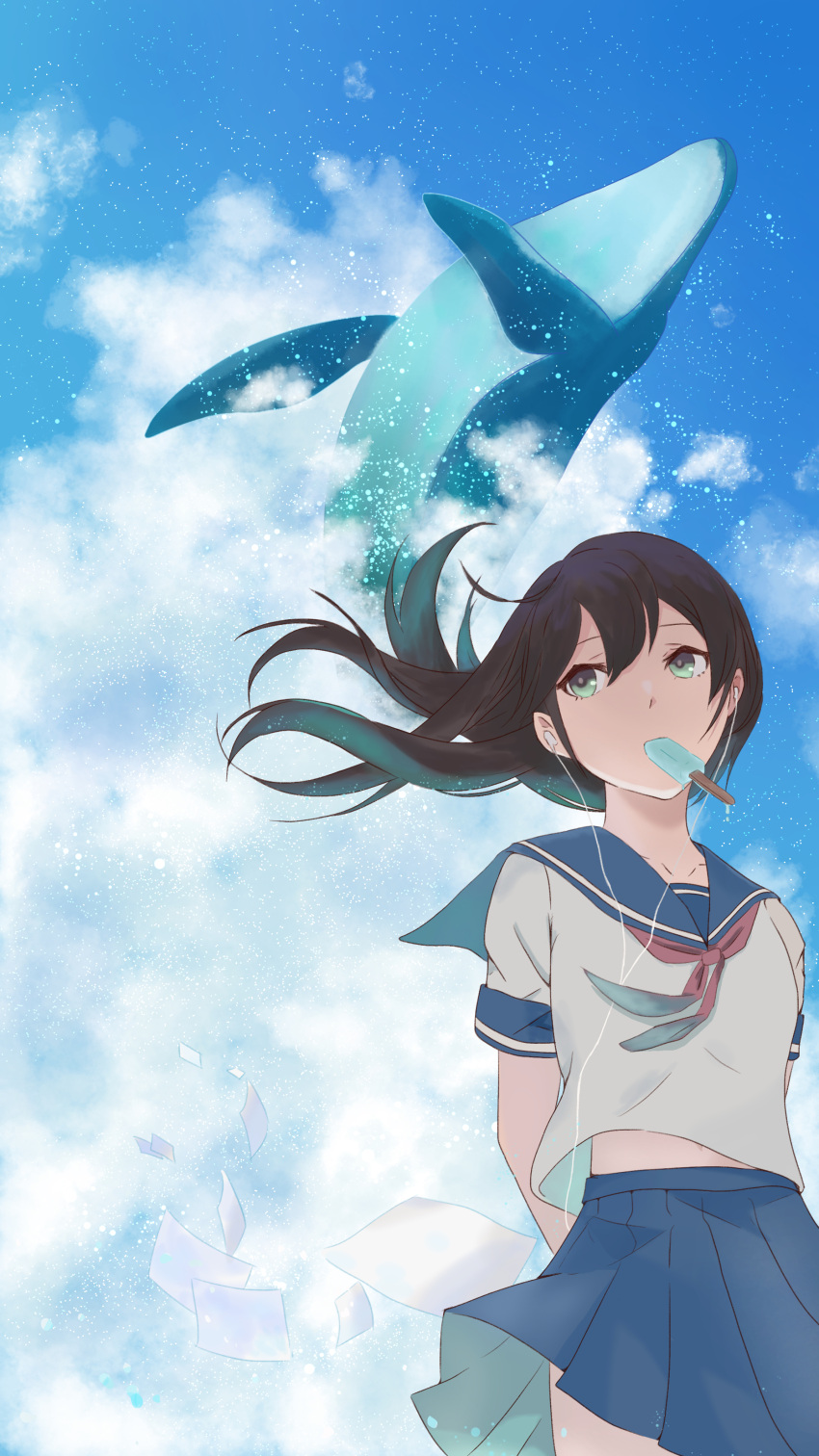 1girl absurdres arms_behind_back bangs blue_sailor_collar blue_skirt blue_sky brown_hair cloud cloudy_sky cowboy_shot earbuds earphones food green_eyes highres humpback_whale looking_to_the_side midriff_peek mouth_hold navel neckerchief ogurin8392 original outdoors paper pleated_skirt popsicle red_neckerchief sailor_collar school_uniform serafuku shirt short_sleeves sidelocks skirt sky solo water whale white_shirt