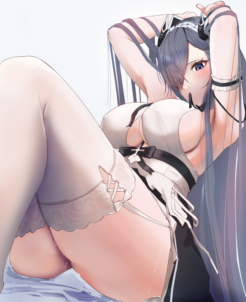 1girl armpits arms_up august_von_parseval_(azur_lane) august_von_parseval_(the_conquered_unhulde)_(azur_lane) azur_lane black_dress breasts cafenami clothing_cutout covered_nipples cross-laced_dress curled_horns dress feet_out_of_frame hair_over_one_eye highres horns large_breasts mechanical_horns mouth_hold official_alternate_costume presenting_armpit purple_eyes purple_hair ribbon ribbon_in_mouth simple_background sitting solo thighhighs two-tone_dress underboob_cutout white_background white_dress white_garter_straps white_thighhighs