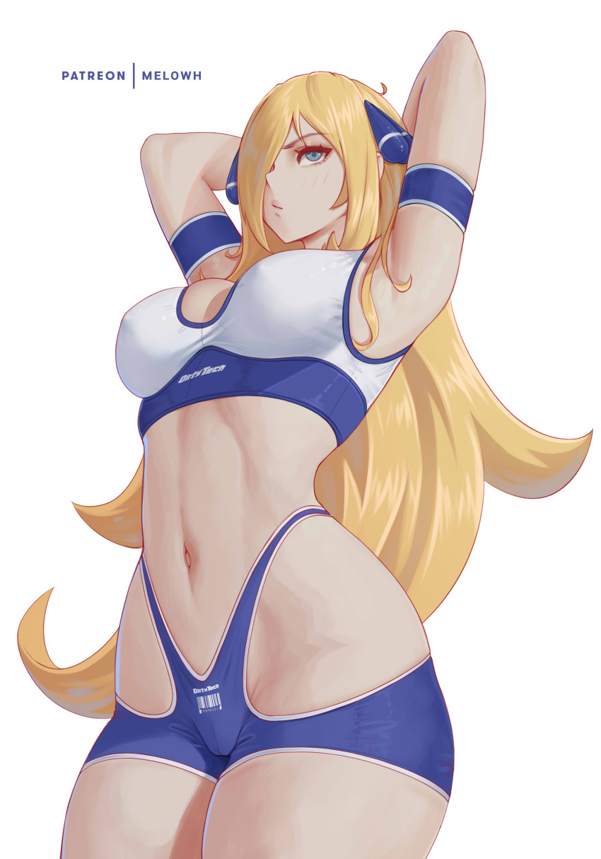 1girl absurdres armband armpits arms_behind_head arms_up bangs bare_shoulders blonde_hair blue_eyes blue_shorts breasts cleavage cynthia_(pokemon) hair_ornament hair_over_one_eye highleg highres large_breasts long_hair melowh micro_shorts navel pokemon pokemon_(game) pokemon_dppt shorts solo sports_bra thighs very_long_hair white_sports_bra
